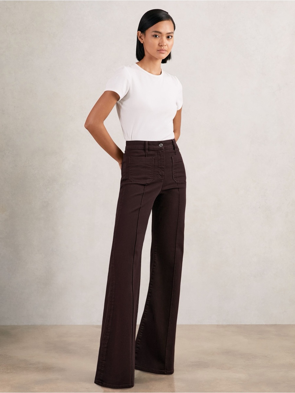 Reiss Sakura Patch-Pocket Flared Jeans in Burgundy 26R
